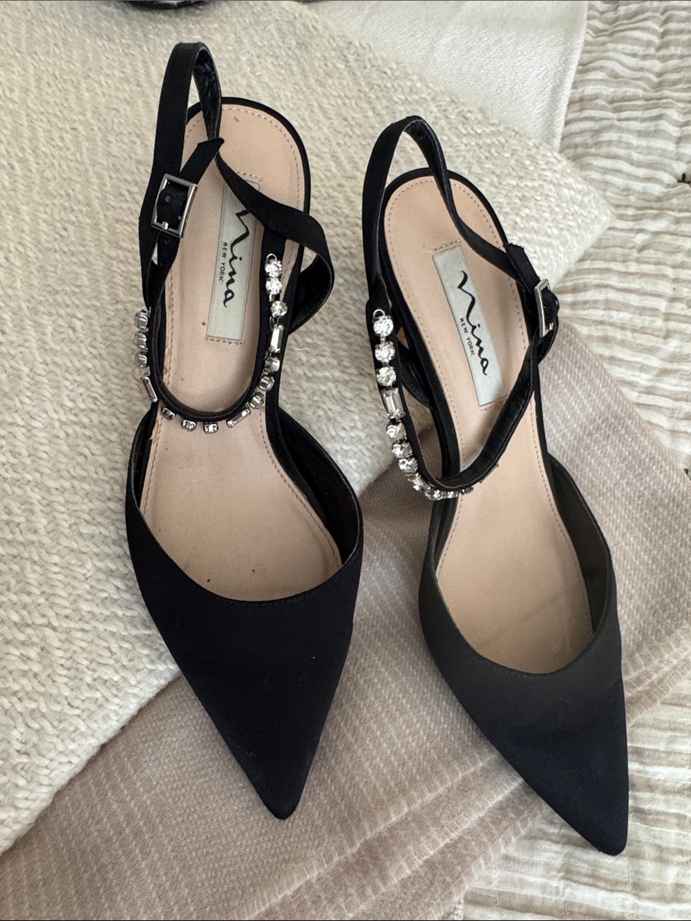 Nina Black Pointed Slingback Heels with Crystal Accent